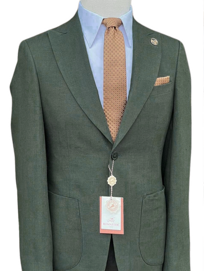 Romaster Mens Green Slim Fit Linen Blend Blazer Sportcoat With Patch Pockets