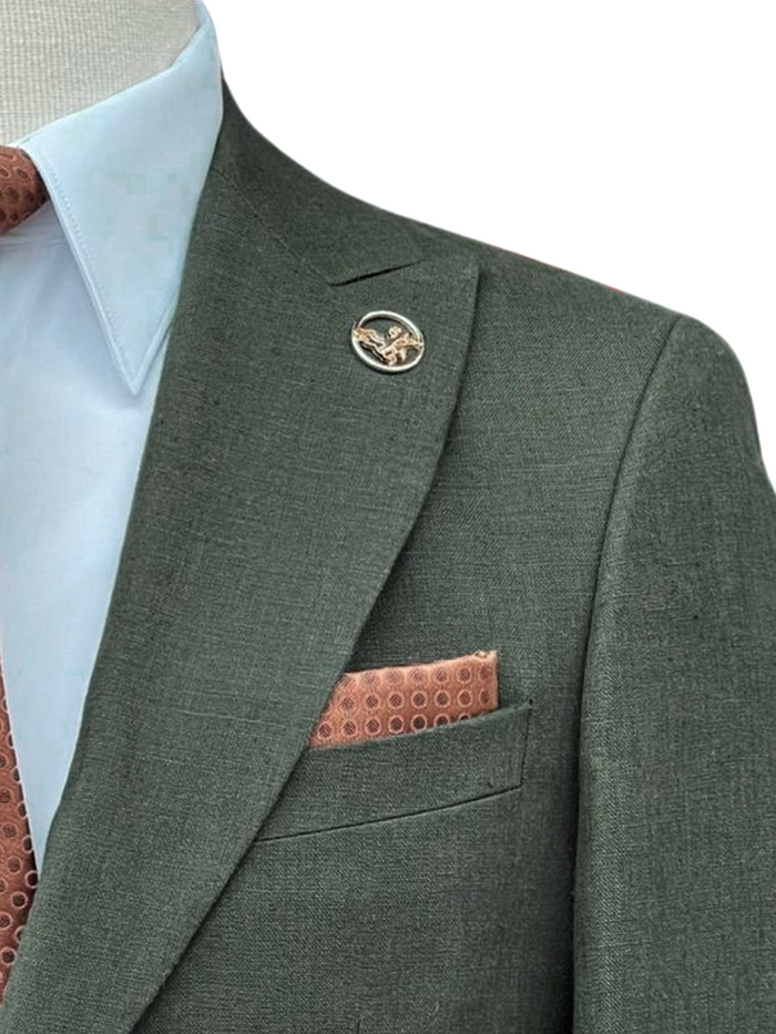 Romaster Mens Green Slim Fit Linen Blend Blazer Sportcoat With Patch Pockets