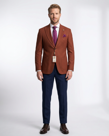 Romaster Rust Slim Fit Stretch Wool Blend Blazer Sportcoat With Patch Pockets