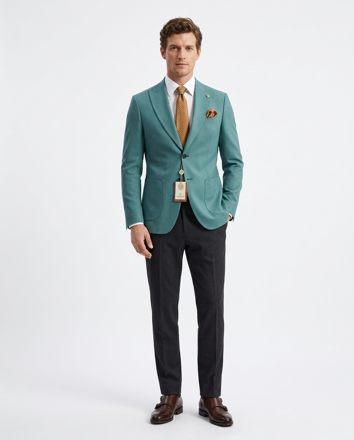 Romaster Teal Slim Fit Stretch Wool Blend Blazer Sportcoat With Patch Pockets