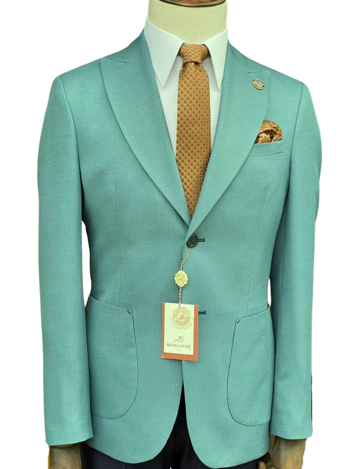 Romaster Teal Slim Fit Stretch Wool Blend Blazer Sportcoat With Patch Pockets