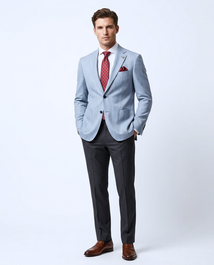 Romaster Tonal Striped Light Blue Slim Fit Stretch Wool Blend Blazer Sportcoat