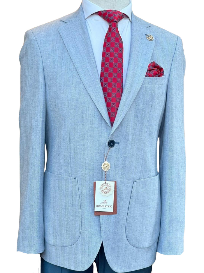 Romaster Tonal Striped Light Blue Slim Fit Stretch Wool Blend Blazer Sportcoat