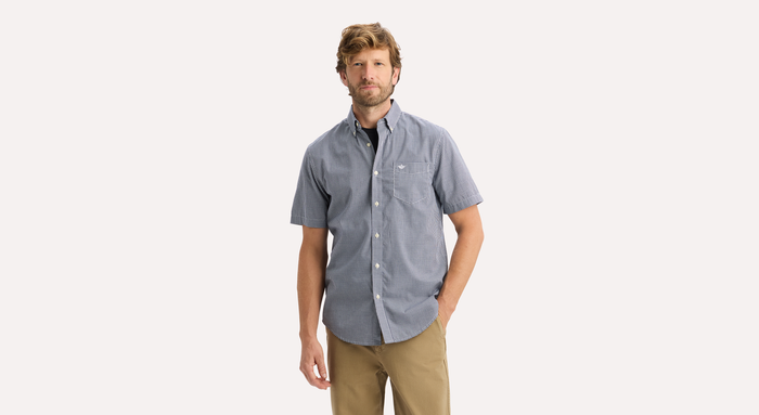 View of model wearing Medieval Blue Signature Stain Defender Shirt, Classic Fit.