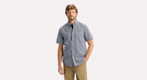 View of model wearing Medieval Blue Signature Stain Defender Shirt, Classic Fit.