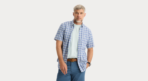 View of model wearing Wendell Signature Stain Defender Shirt, Classic Fit.