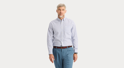 View of model wearing Burwell Signature Stain Defender Shirt, Classic Fit.
