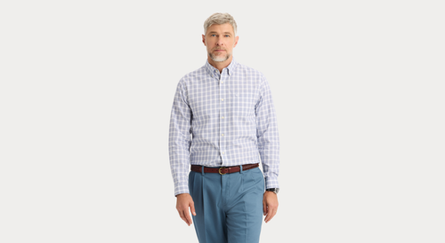 View of model wearing Burwell Signature Stain Defender Shirt, Classic Fit.