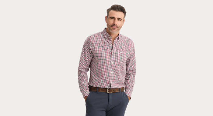 View of model wearing Rio Red Signature Stain Defender Shirt, Classic Fit.