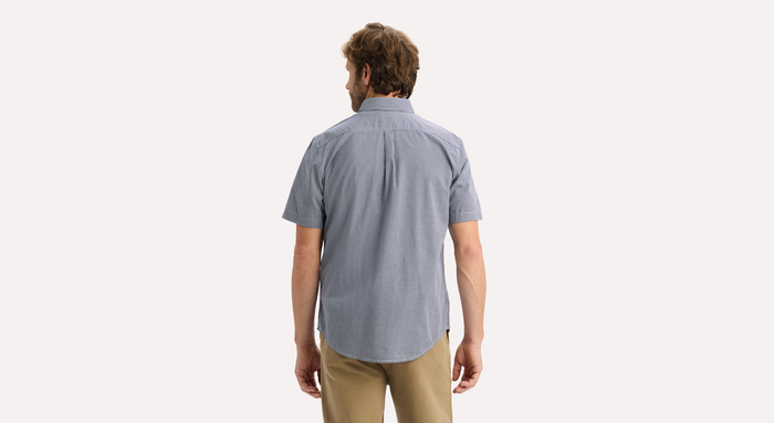 View of model wearing Medieval Blue Signature Stain Defender Shirt, Classic Fit.
