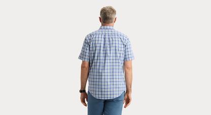 View of model wearing Wendell Signature Stain Defender Shirt, Classic Fit.