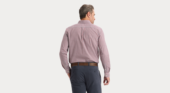 View of model wearing Rio Red Signature Stain Defender Shirt, Classic Fit.