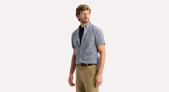 View of model wearing Medieval Blue Signature Stain Defender Shirt, Classic Fit.