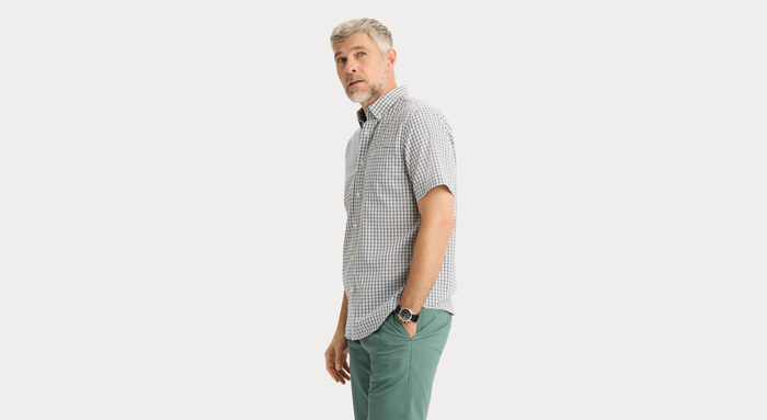 View of model wearing Margate Signature Stain Defender Shirt, Classic Fit.