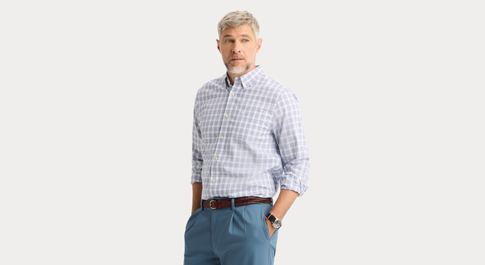 View of model wearing Burwell Signature Stain Defender Shirt, Classic Fit.