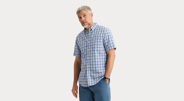 View of model wearing Wendell Signature Stain Defender Shirt, Classic Fit.