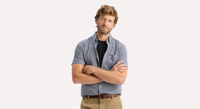 View of model wearing Medieval Blue Signature Stain Defender Shirt, Classic Fit.