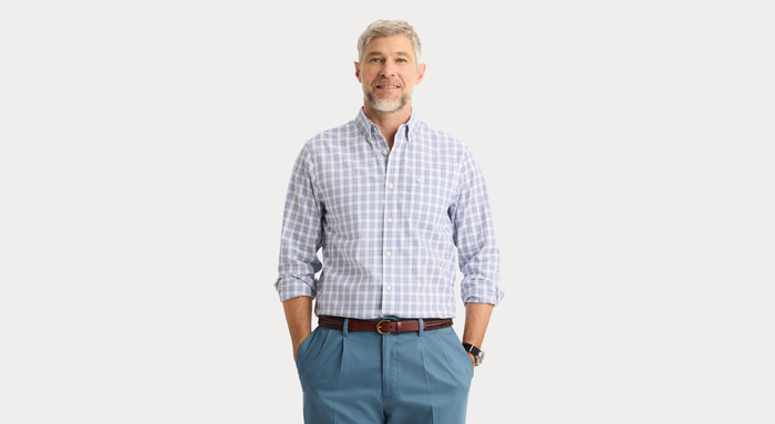 View of model wearing Burwell Signature Stain Defender Shirt, Classic Fit.