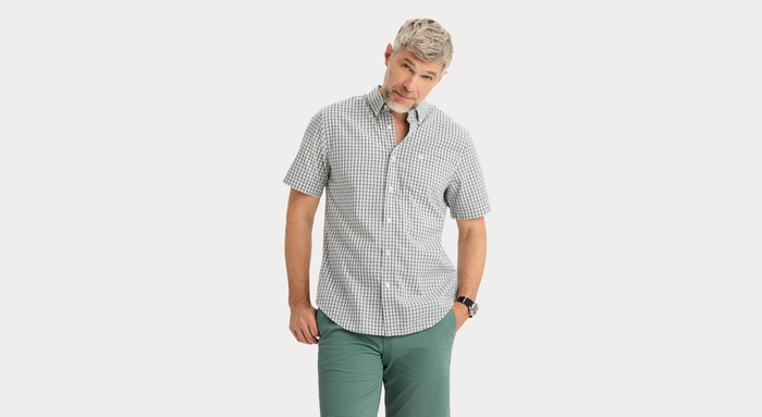 View of model wearing Margate Signature Stain Defender Shirt, Classic Fit.