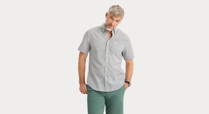 View of model wearing Margate Signature Stain Defender Shirt, Classic Fit.