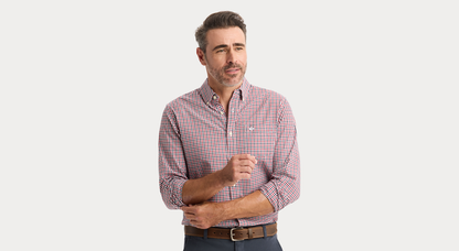 View of model wearing Rio Red Signature Stain Defender Shirt, Classic Fit.