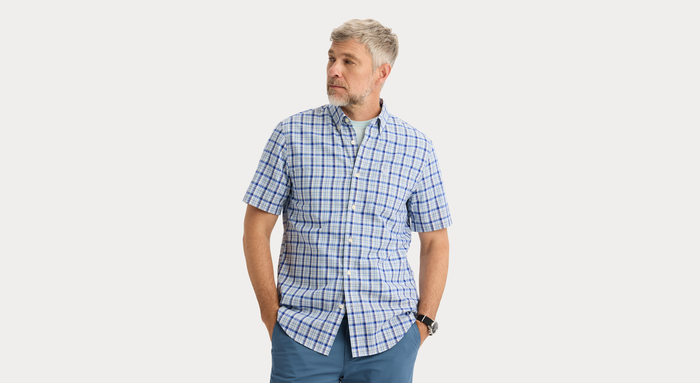 View of model wearing Wendell Signature Stain Defender Shirt, Classic Fit.