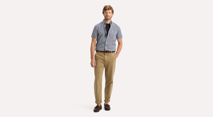 View of model wearing Medieval Blue Signature Stain Defender Shirt, Classic Fit.