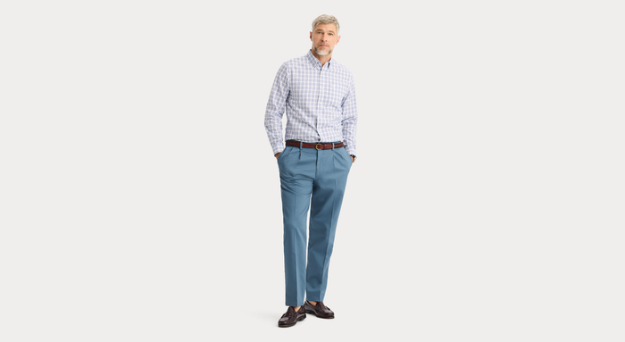 View of model wearing Burwell Signature Stain Defender Shirt, Classic Fit.