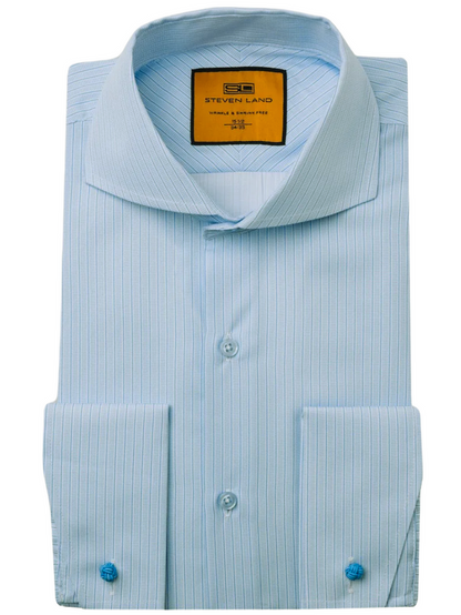 Steven Land Blue Stripe Cutaway Collar French Cuff Dress Shirt