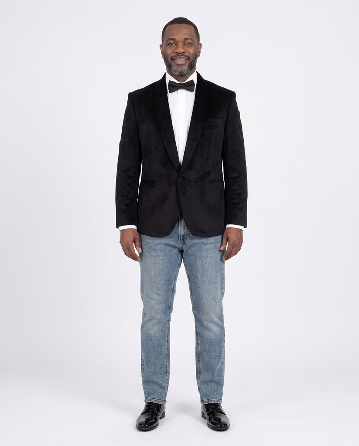 Steven Land Classic Fit Black Velvet Velour One Button Tuxedo Dinner Jacket - The Suit Depot