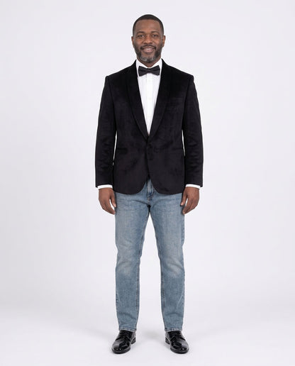 Steven Land Classic Fit Black Velvet Velour One Button Tuxedo Dinner Jacket - The Suit Depot