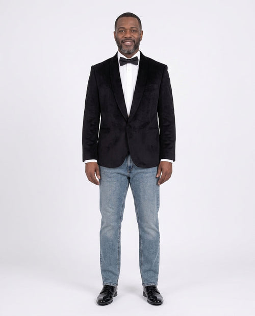 Steven Land Classic Fit Black Velvet Velour One Button Tuxedo Dinner Jacket - The Suit Depot