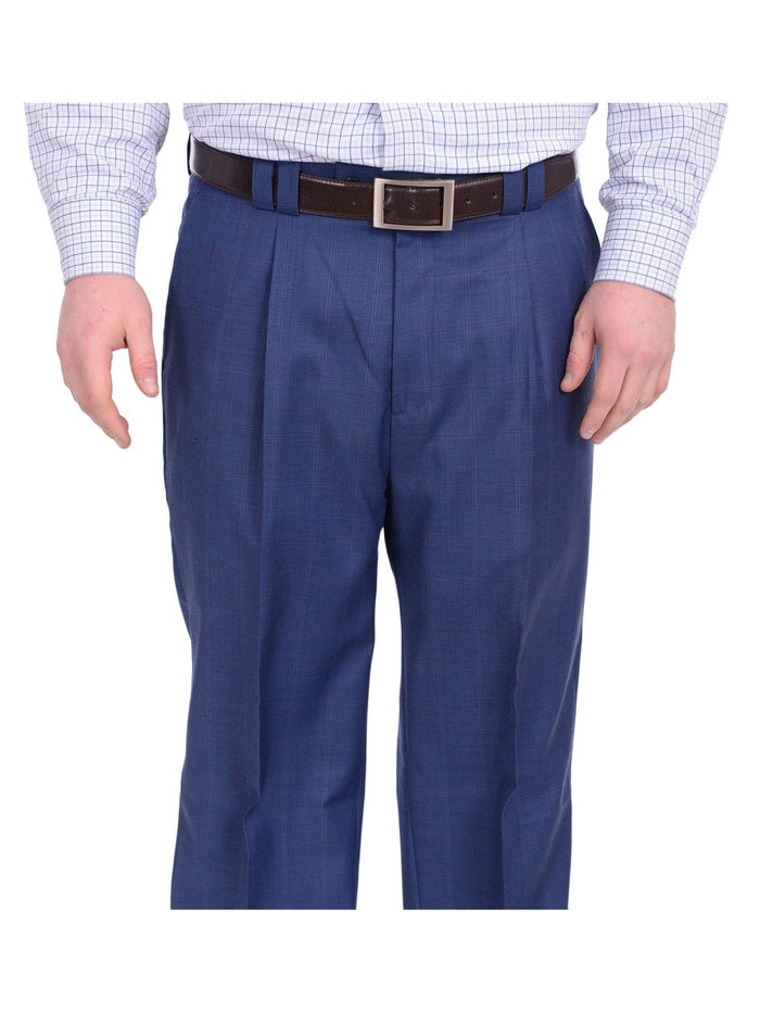 Steven Land Classic Fit Blue Windowpane Plaid Pleated Wide Leg Wool Dress Pants - The Suit Depot