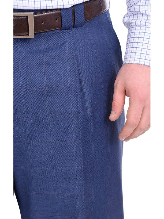 Steven Land PANTS Steven Land Classic Fit Blue Windowpane Plaid Pleated Wide Leg Wool Dress Pants