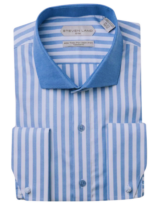 Steven Land Elite Men's Blue Stripe French Cuff Cutaway Collar Cotton Dress Shirt