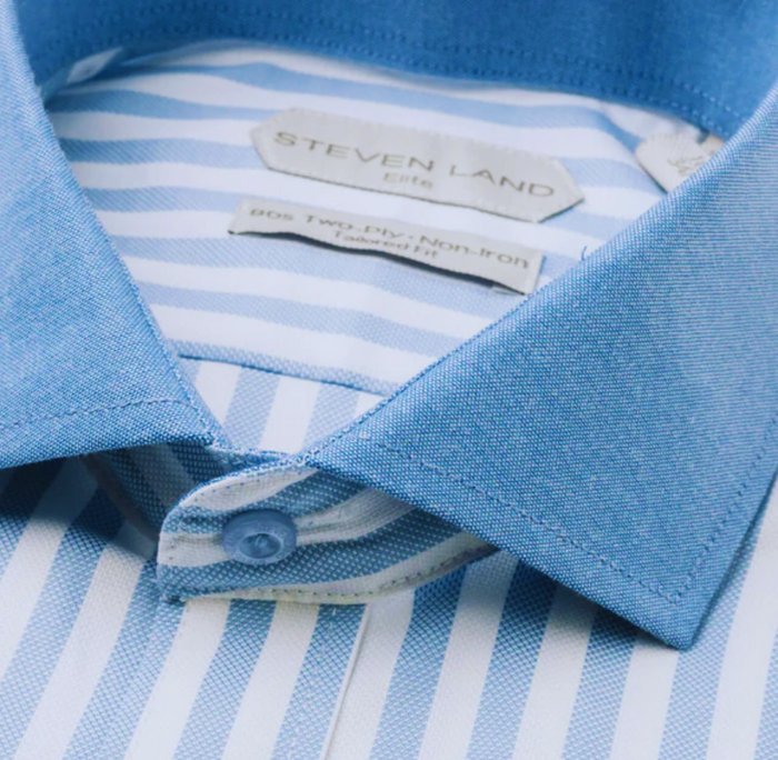 Steven Land Elite Men's Blue Stripe French Cuff Cutaway Collar Cotton Dress Shirt