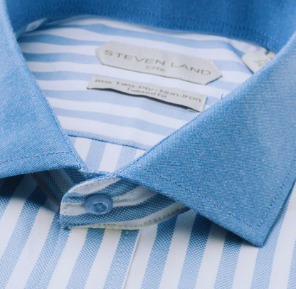 Steven Land Elite Men's Blue Stripe French Cuff Cutaway Collar Cotton Dress Shirt