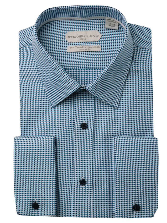 Steven Land Elite Men's Blue White Houndstooth Spread Collar Cotton Dress Shirt