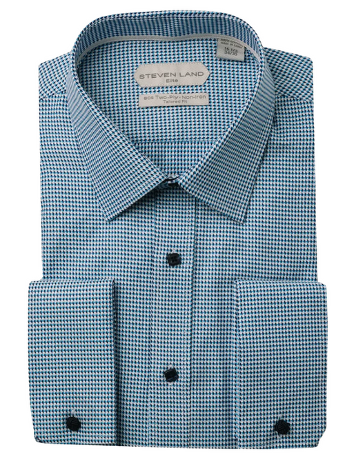 Steven Land Elite Men's Blue White Houndstooth Spread Collar Cotton Dress Shirt