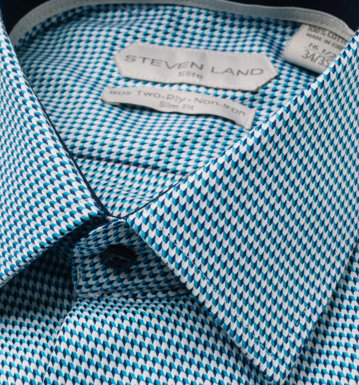 Steven Land Elite Men's Blue White Houndstooth Spread Collar Cotton Dress Shirt