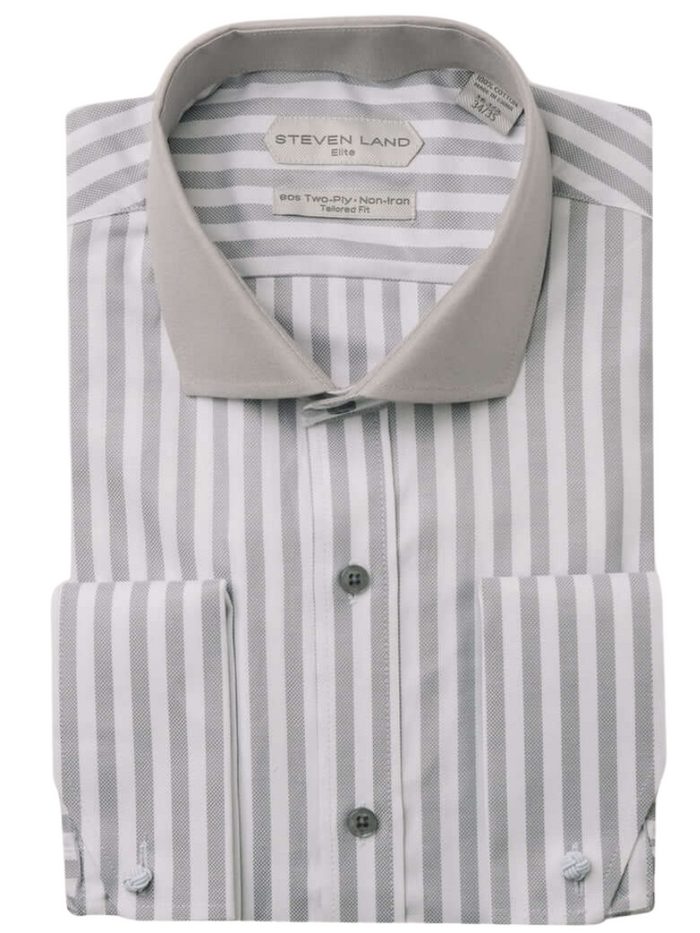 Steven Land Elite Men's Gray Stripe French Cuff Cotton Cutaway Collar Dress Shirt