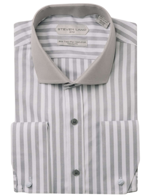 Steven Land Elite Men's Gray Stripe French Cuff Cotton Cutaway Collar Dress Shirt