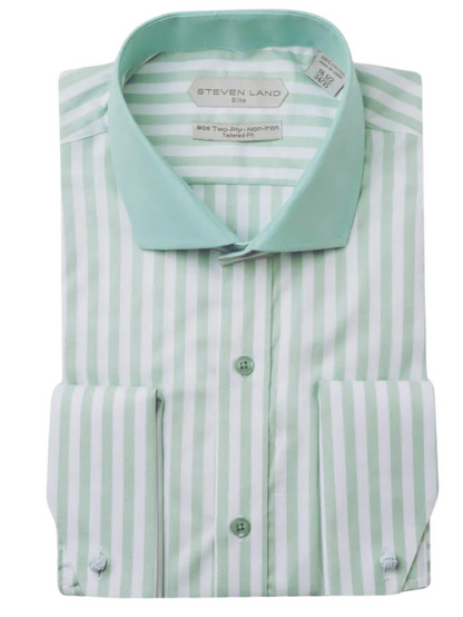 Steven Land Elite Men's Mint Green Stripe French Cuff Cutaway Collar Cotton Dress Shirt