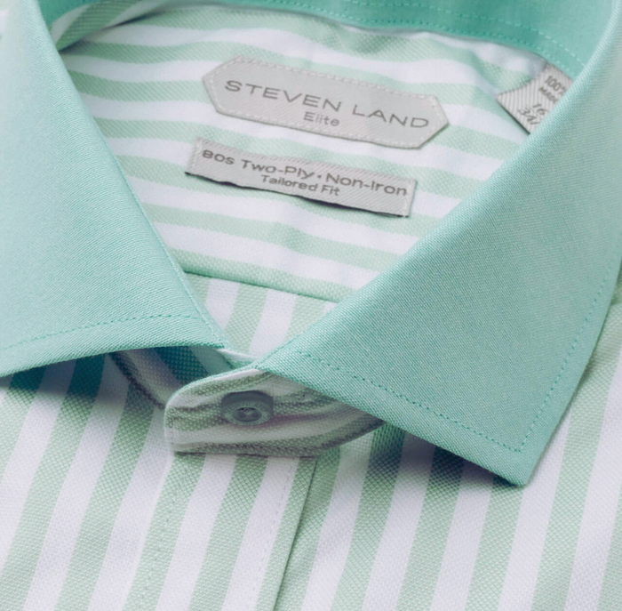 Steven Land Elite Men's Mint Green Stripe French Cuff Cutaway Collar Cotton Dress Shirt