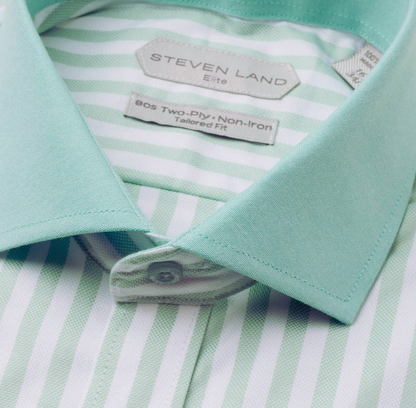 Steven Land Elite Men's Mint Green Stripe French Cuff Cutaway Collar Cotton Dress Shirt