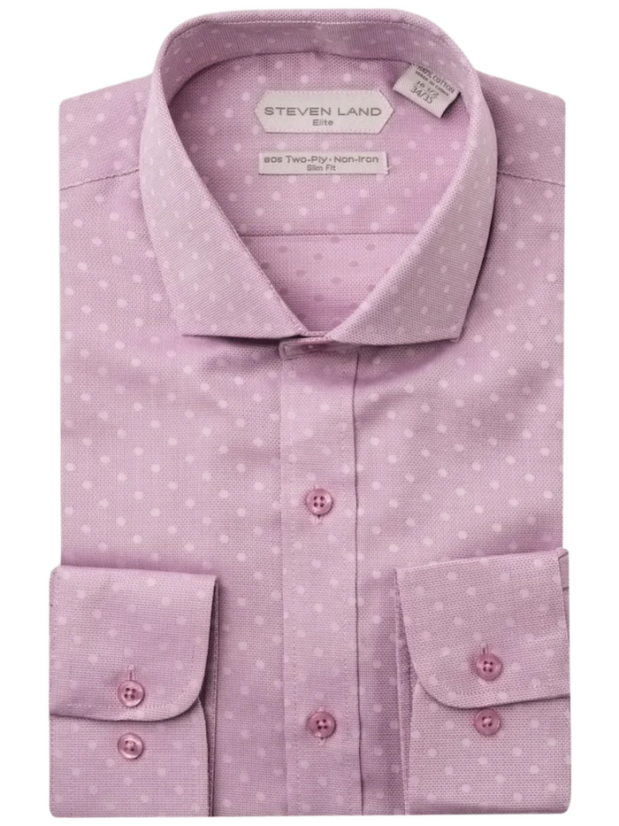 Steven Land Elite Men's Pink Dot Textured Spread Collar Cotton Dress Shirt
