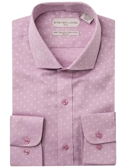 Steven Land Elite Men's Pink Dot Textured Spread Collar Cotton Dress Shirt