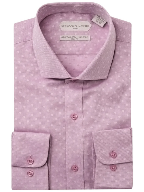 Steven Land Elite Men's Pink Dot Textured Spread Collar Cotton Dress Shirt