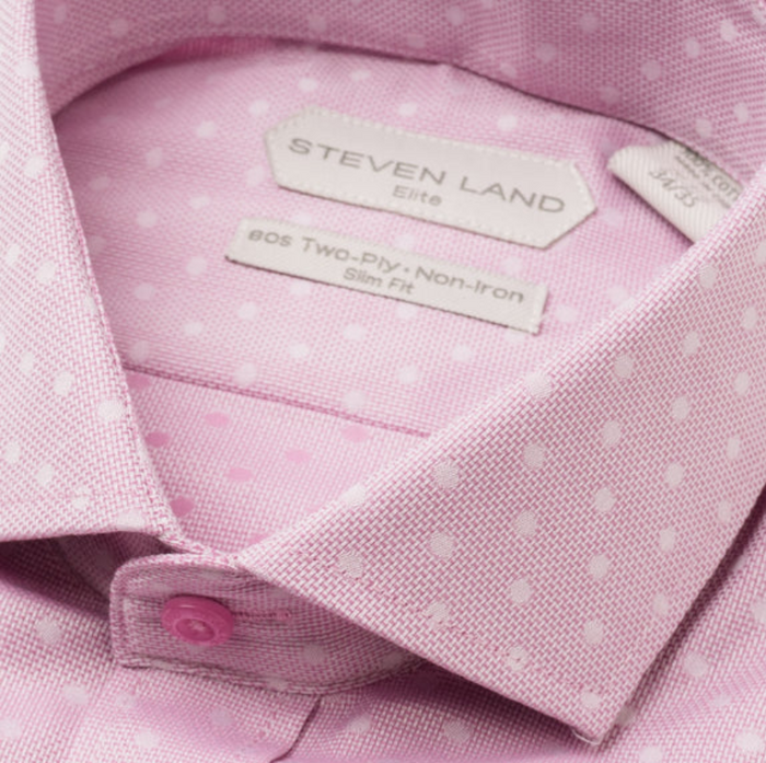 Steven Land Elite Men's Pink Dot Textured Spread Collar Cotton Dress Shirt