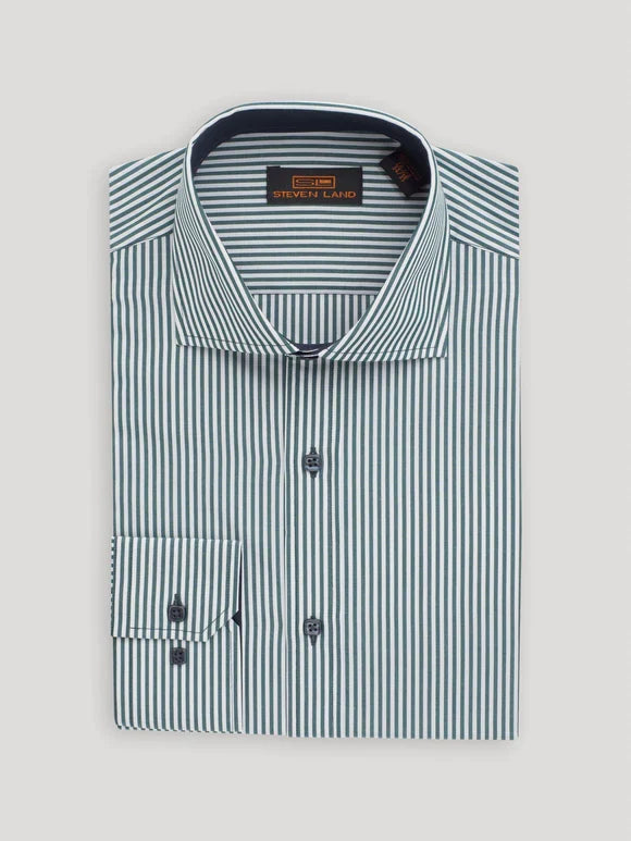 Steven Land Mens Green Striped Cutaway Collar 100% Cotton Dress Shirt